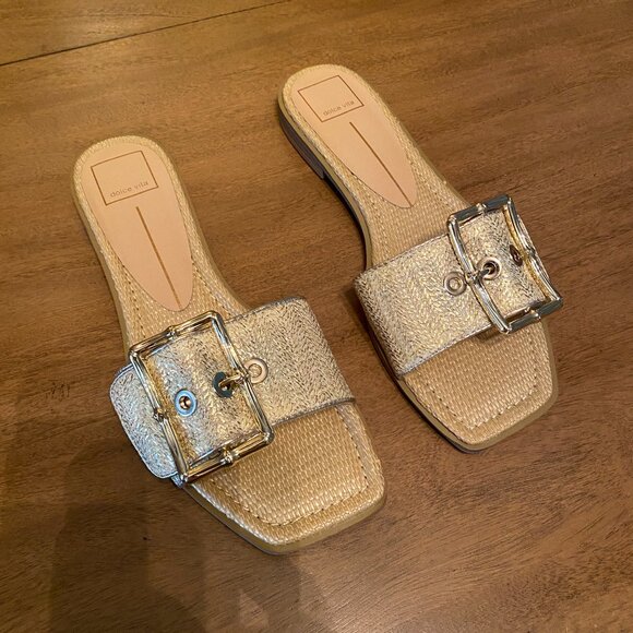 NWOT Dolce Vita Gold Weaved Slide Sandals with Buckle - Picture 1 of 4